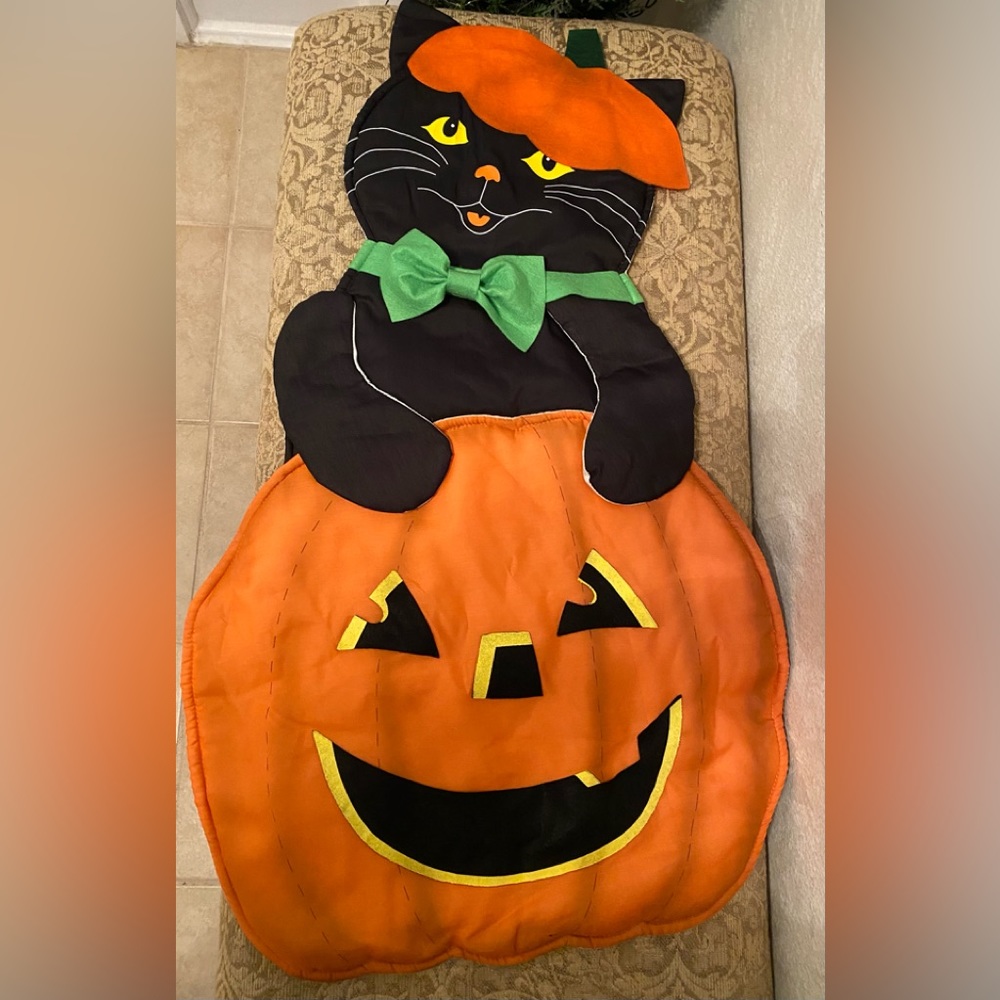 Halloween Soft Sculpture Fabric Cat in Pumpkin